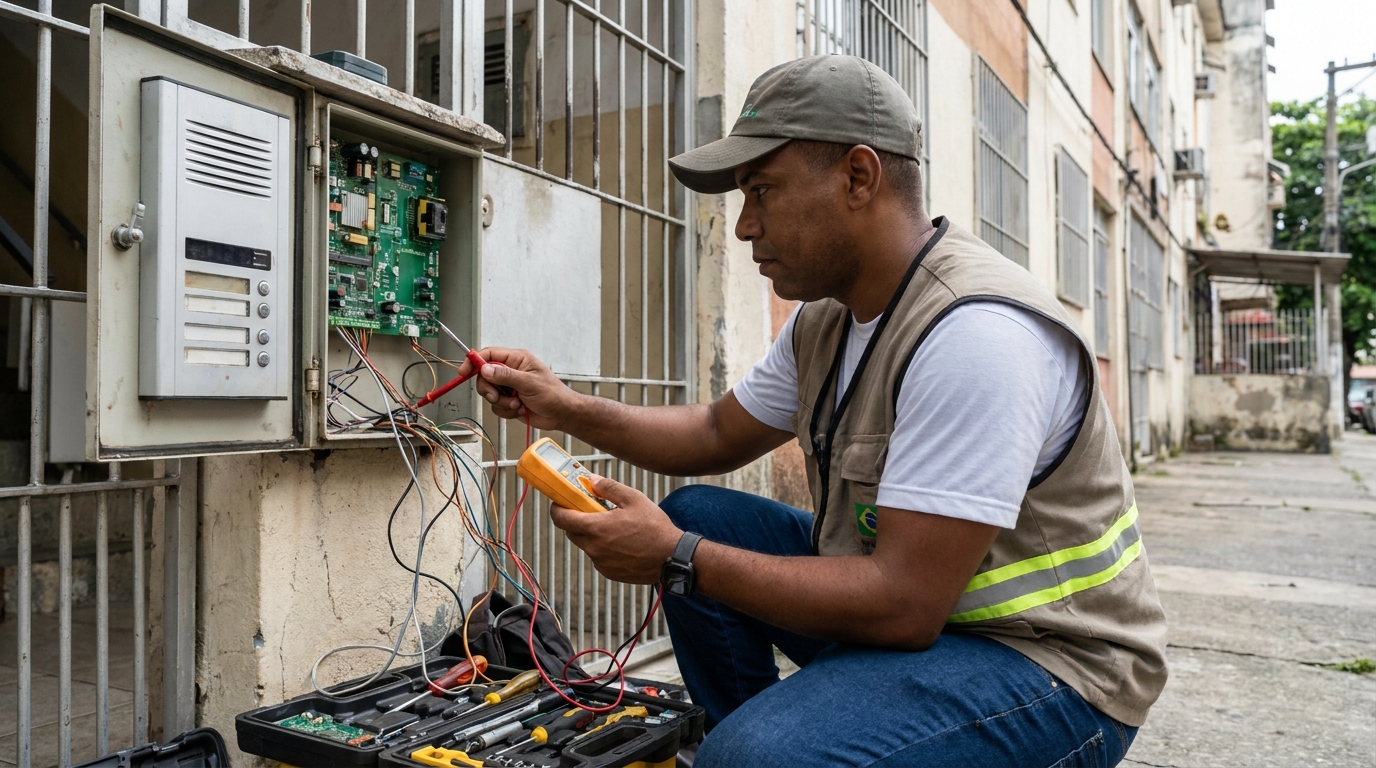 Eletricista consertando interfone em Campina Grande‑PB
