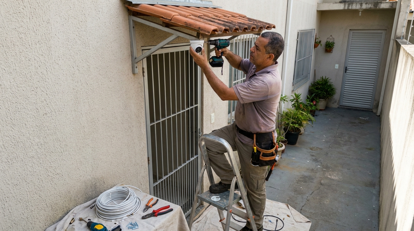 Eletricista instalando cameras de seguranca em Campina Grande‑PB